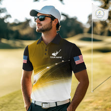 Load image into Gallery viewer, Golfer wearing blue golf ball American flag mens golf polo shirt on the course