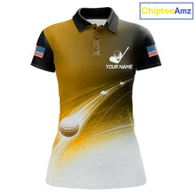 Load image into Gallery viewer, Black Gold Golf Ball Pattern American Flag Womens Golf Polo Shirts, Team Golf Shirts Golf Gifts NBT871