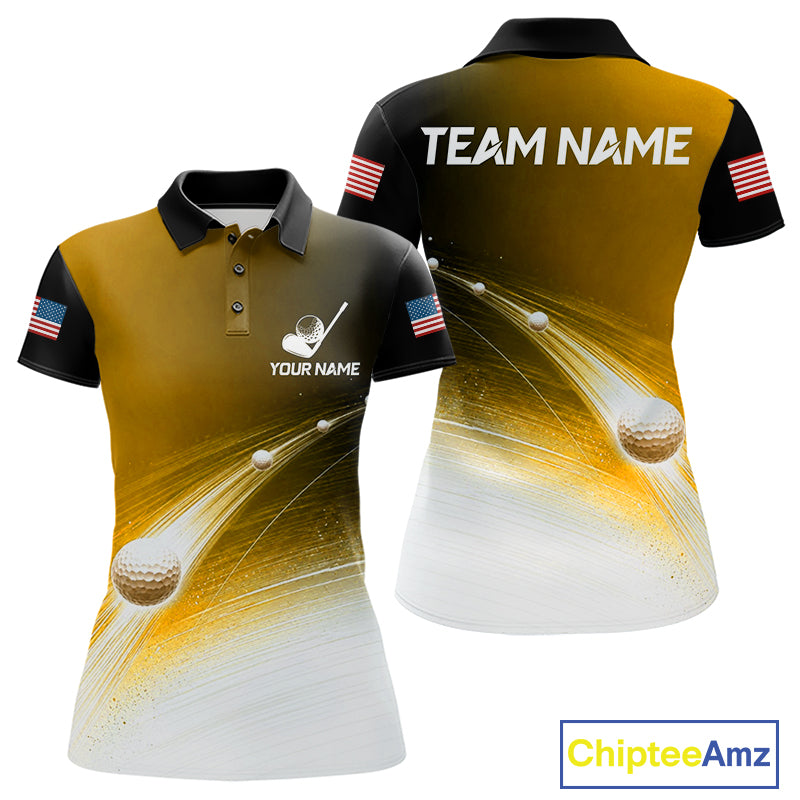 Black Gold Golf Ball Pattern American Flag Womens Golf Polo Shirts, Tournament Golf Shirts Golf Gifts NBT871