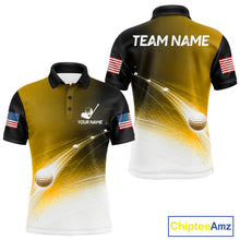 Load image into Gallery viewer, Front and back view of yellow golf ball pattern American flag mens golf polo shirt