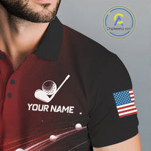 Load image into Gallery viewer, Close-up fabric of red golf ball American flag mens golf polo shirt with personalized name on the chest
