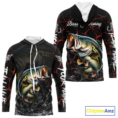 Front and back view of Bass Fishing camo long sleeve hooded fishing shirt UPF protection with personalized name 