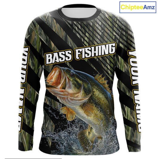 Personalized Reed Camo Bass Fishing Long Sleeve Shirts, Custom Bass Tournament Jerseys|Green NBT347