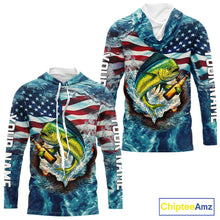 Load image into Gallery viewer, American Flag Mahi Mahi (Dorado) Fishing Custom Name Blue Water Camo Long Sleeve Hooded Fishing Shirt NBT689