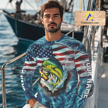 Load image into Gallery viewer, American Flag Mahi Mahi (Dorado) Fishing Custom Name Blue Water Camo Long Sleeve Fishing Shirt NBT689