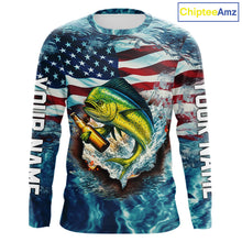 Load image into Gallery viewer, American Flag Mahi Mahi (Dorado) Fishing Custom Name Blue Water Camo Long Sleeve Fishing Shirt NBT689