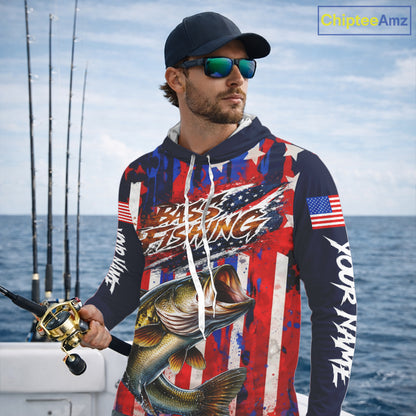 American Flag Bass Long Sleeve Hooded Fishing Shirts, Bass Fishing Tournament Shirts, Bass Fishing Shirts NBT432