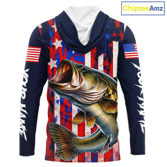 American Flag Bass Long Sleeve Hooded Fishing Shirts, Bass Fishing Tournament Shirts, Bass Fishing Shirts NBT432