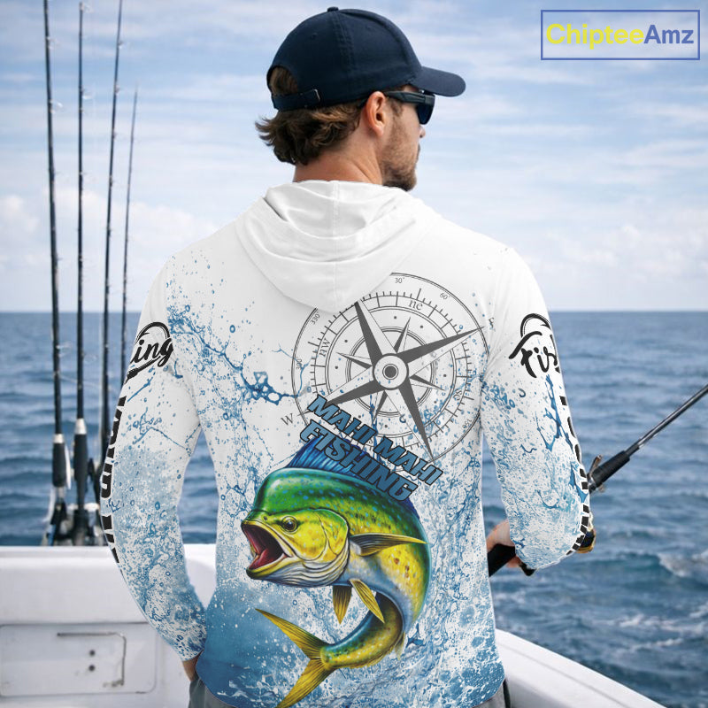 Custom Mahi Mahi Long Sleeve Hooded Fishing Shirts Saltwater Fish, Compass Offshore Tournament Fishing Shirts NBT552