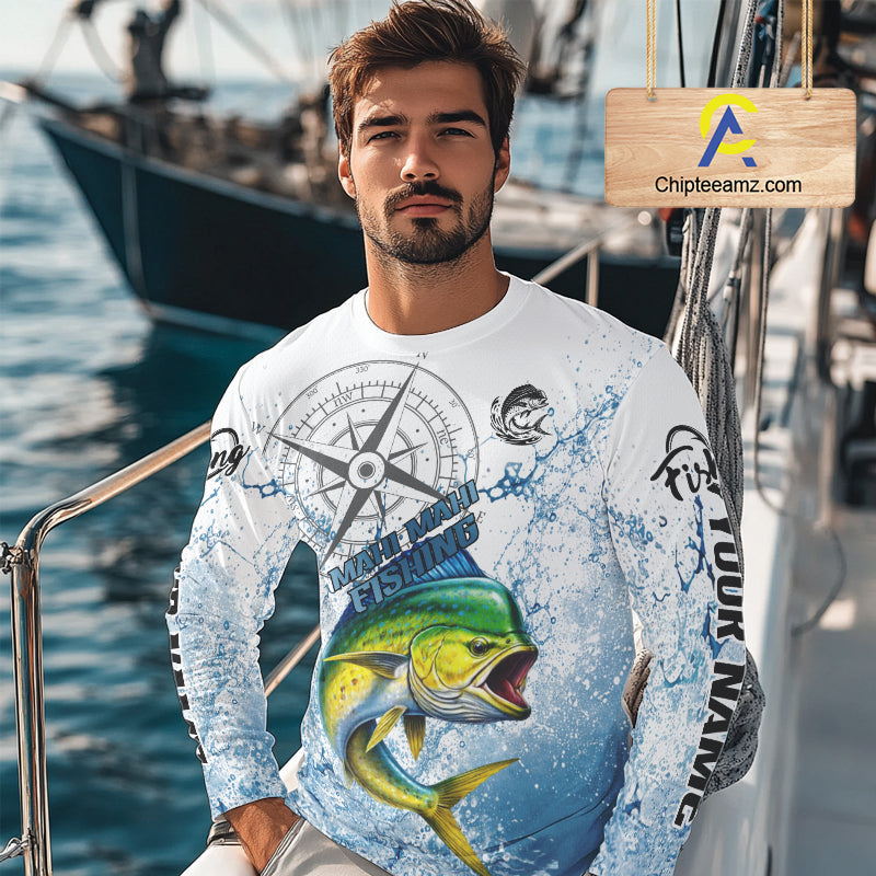 Custom Mahi Mahi Long Sleeve Fishing Shirts Saltwater Fish, Compass Offshore Tournament Fishing Shirts NBT552