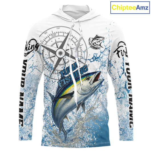Custom Yellowfin Tuna Long Sleeve Hooded Fishing Shirts Saltwater Fish, Compass Offshore Tournament Fishing Shirts NBT553