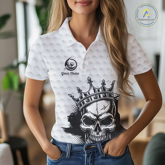 Funny Skull Womens Golf Polo Shirts Golf Camo Pattern Custom Name Skull Golf Shirt, Golf Attire NBT555