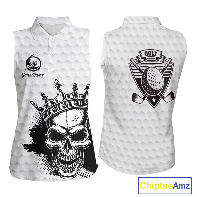 Funny Skull Womens Sleeveless Golf Polo Shirts Golf Camo Pattern Custom Name Skull Golf Shirt, Golf Attire NBT555