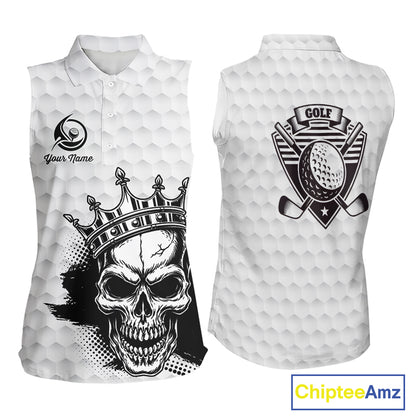 Funny Skull Womens Sleeveless Golf Polo Shirts Golf Camo Pattern Custom Name Skull Golf Shirt, Golf Attire NBT555