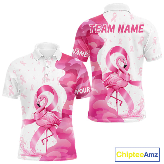 Front and back views of a funny pink camo flamingo breast cancer awareness golf polo shirt, personalized name text on the sleeve and "Team Name" on the back.