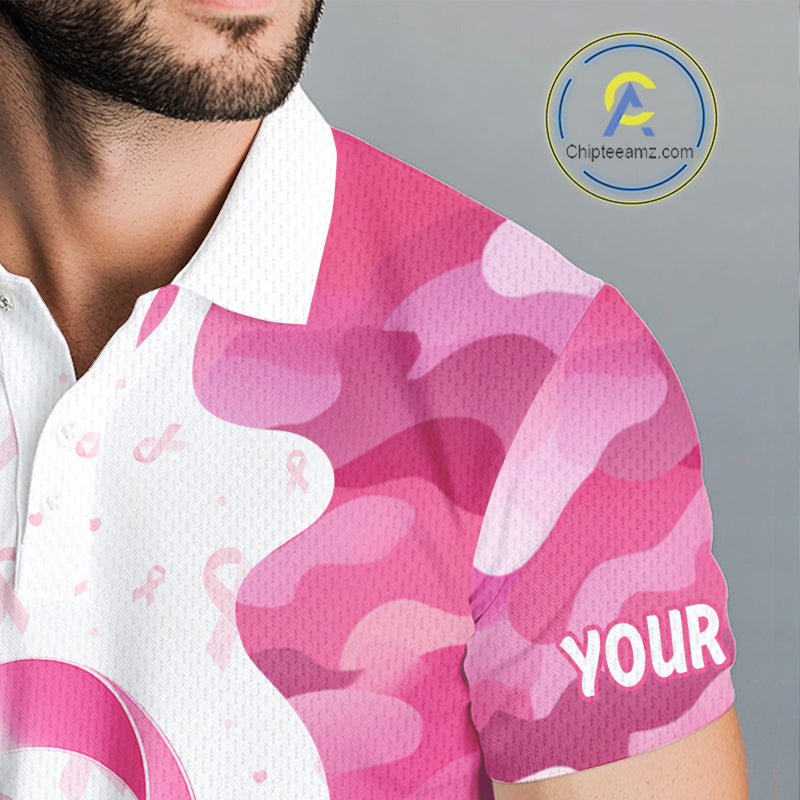 Close-up breathable fabric of funny pink camo flamingo breast cancer awareness golf polo shirt with “Your Name” on the sleeve.