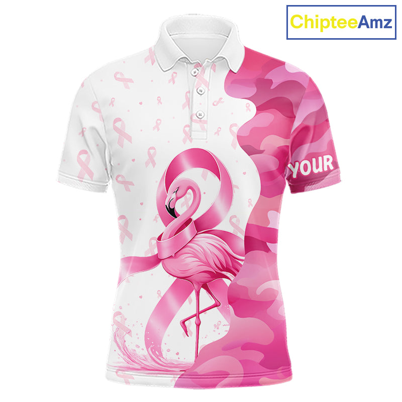 Front views of a funny pink camo flamingo breast cancer awareness golf polo shirt, personalized name text.
