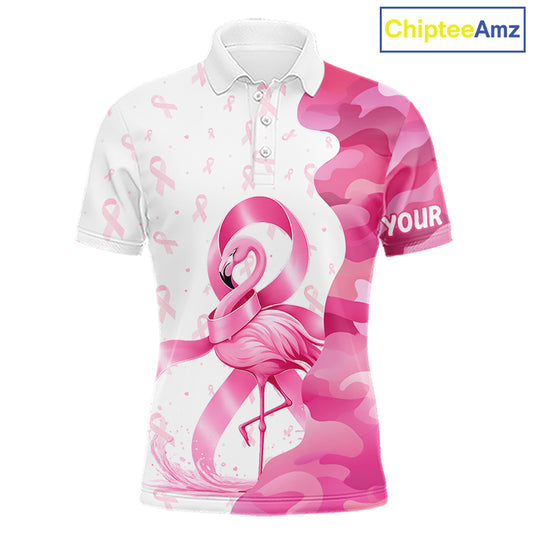 Front views of a funny pink camo flamingo breast cancer awareness golf polo shirt, personalized name text.