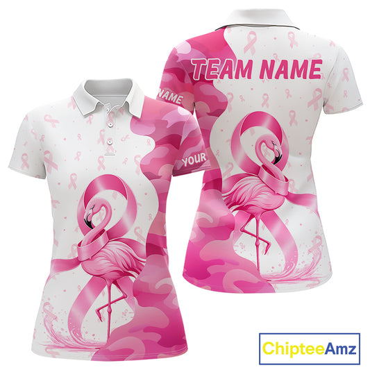 Front and back views of a womens Breast Cancer Awareness flamingo and pink ribbon golf polo shirt, name text on the sleeve and team name on the back.