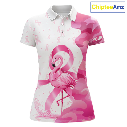 Front views of a womens Breast Cancer Awareness flamingo and pink ribbon golf polo shirt, name text on the sleeve.