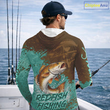 Load image into Gallery viewer, Personalized Redfish Long Sleeve Hooded Fishing Shirts Brown Turquoise Camo, Redfish Fishing Shirts For Men NBT396
