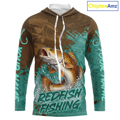 Personalized Redfish Long Sleeve Hooded Fishing Shirts Brown Turquoise Camo, Redfish Fishing Shirts For Men NBT396