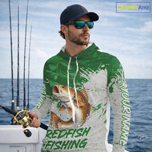 Load image into Gallery viewer, Personalized Redfish Long Sleeve Hooded Fishing Shirts Green Camo, Redfish Fishing Shirts For Men NBT398