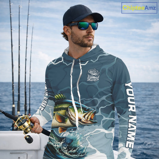 Custom Largemouth Bass Long Sleeve Hooded Tournament Fishing Shirts, Team Bass Fishing Jerseys NBT696