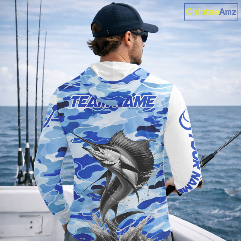 Custom Blue Camo Saltwater Sailfish Long Sleeve Hooded Fishing Shirts, Offshore Fishing Shirt NBT794