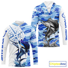 Load image into Gallery viewer, Custom Blue Camo Saltwater Sailfish Long Sleeve Hooded Fishing Shirts, Offshore Fishing Shirt NBT794