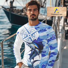 Load image into Gallery viewer, A man wearing a sailfish fishing shirt long sleeve with custom name on the sleeve.