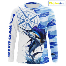 Load image into Gallery viewer, Front views of a sailfish fishing shirt long sleeve with name text on the sleeve.