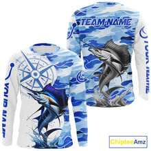 Load image into Gallery viewer, Front and back views of a sailfish fishing shirt long sleeve, custom name text on the sleeve and team name on the back.