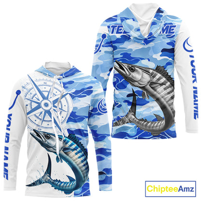 Custom Blue Camo Saltwater Wahoo Long Sleeve Hooded Fishing Shirts, Offshore Fishing Shirt NBT796