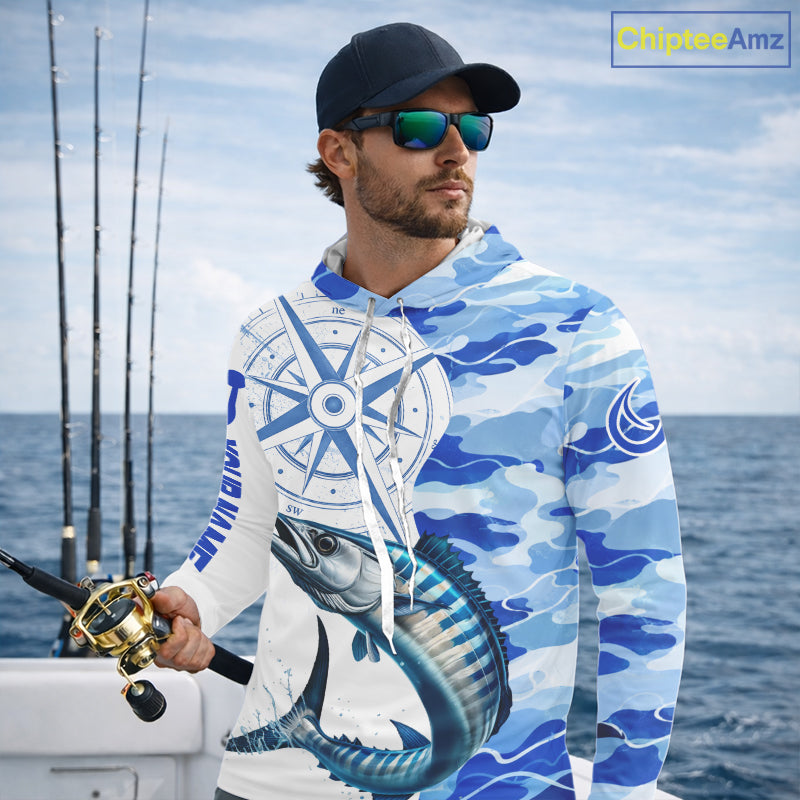 Custom Blue Camo Saltwater Wahoo Long Sleeve Hooded Fishing Shirts, Offshore Fishing Shirt NBT796