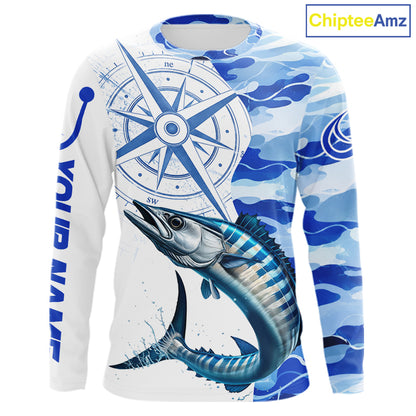 Front views of a wahoo fishing shirt long sleeve with name text on the sleeve.