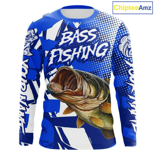 Blue Camo Largemouth Bass Fishing Shirts Long Sleeve, Bass Fishing Shirts For Men NBT442