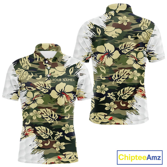 Green Camo Tropical Pattern Mens Golf Polo Shirts Custom Golf Outfit, Team Golf Shirt NBT698