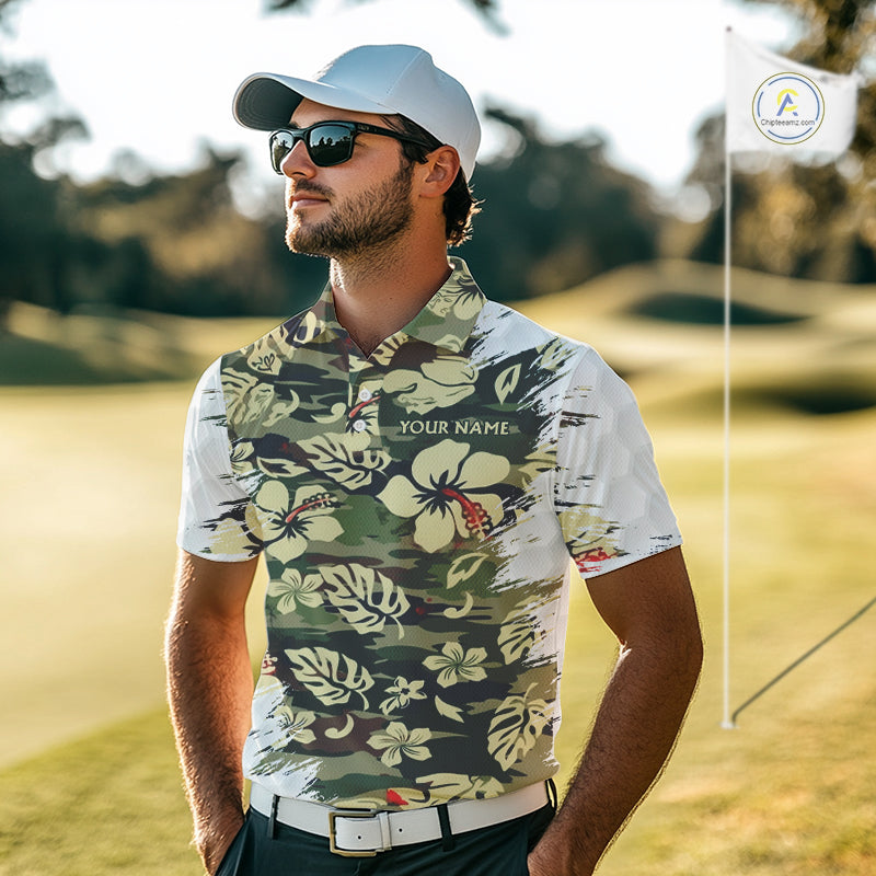 Green Camo Tropical Pattern Mens Golf Polo Shirts Custom Golf Outfit, Team Golf Shirt NBT698