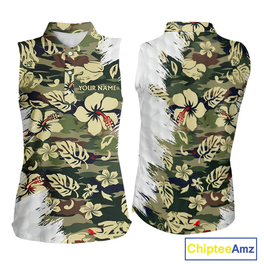 Green Camo Tropical Pattern Womens Sleeveless Golf Polo Shirts Custom Golf Outfit, Team Golf Shirt NBT698
