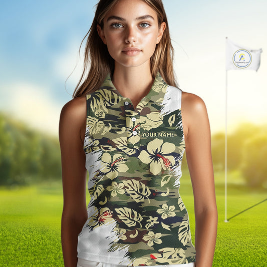 Green Camo Tropical Pattern Womens Sleeveless Golf Polo Shirts Custom Golf Outfit, Team Golf Shirt NBT698