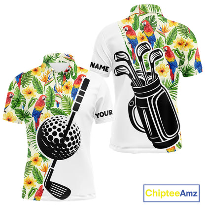 Funny Tropical Parrot And Golf Pattern Mens Polo Golf Shirts Custom Golf Team Shirts Golfer Outfit, Golf Gifts NBT700