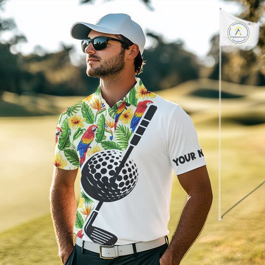 Funny Tropical Parrot And Golf Pattern Mens Polo Golf Shirts Custom Golf Team Shirts Golfer Outfit, Golf Gifts NBT700