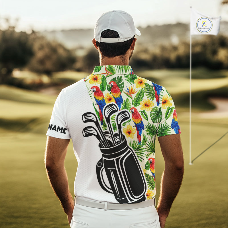 Funny Tropical Parrot And Golf Pattern Mens Polo Golf Shirts Custom Golf Team Shirts Golfer Outfit, Golf Gifts NBT700