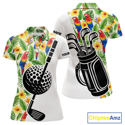 Funny Tropical Parrot And Golf Pattern Womens Polo Golf Shirts Custom Golf Team Shirts Golfer Outfit, Golf Gifts NBT700