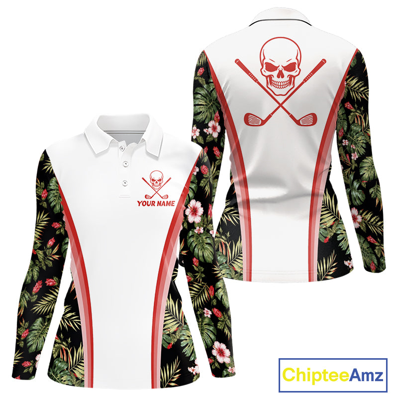 Custom Womens Golf Polo Shirts Funny Tropical Leaf Cross Skull Golf Clubs White Golf Shirt|Red NBT704