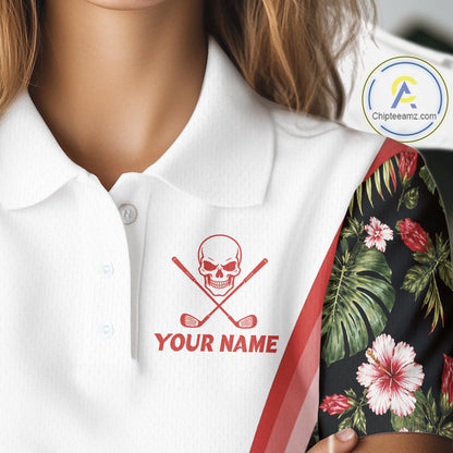Custom Womens Golf Polo Shirts Funny Tropical Leaf Cross Skull Golf Clubs White Golf Shirt|Red NBT704