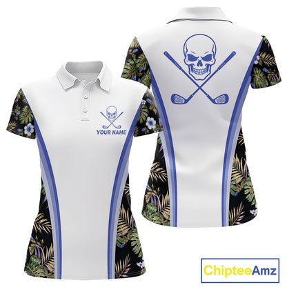 Custom Womens Golf Polo Shirts Funny Tropical Leaf Cross Skull Golf Clubs White Golf Shirt|Blue NBT705