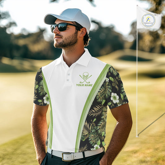 Custom Mens Golf Polo Shirts Funny Tropical Leaf Cross Skull Golf Clubs White Golf Shirt|Green NBT706