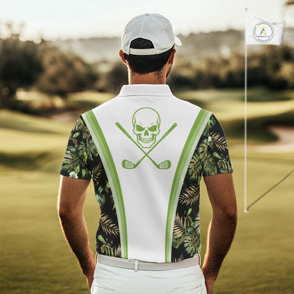 Custom Mens Golf Polo Shirts Funny Tropical Leaf Cross Skull Golf Clubs White Golf Shirt|Green NBT706